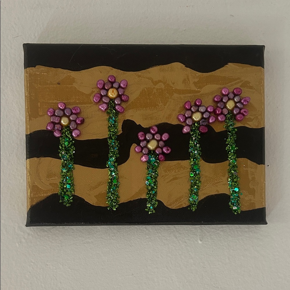 Handmade Pink Floral Glitter Wall Art Canvas